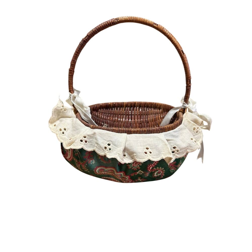 Vintage Wicker Sewing Basket Green Paisley Fabric Eyelet Lace Handle Cottagecore